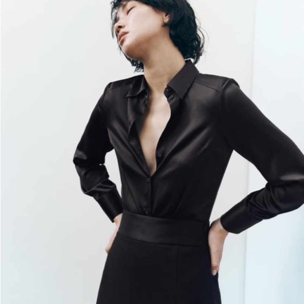 Zara • Black Satin Effect Button-Up Bodysuit
